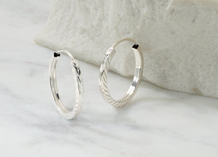 14k White Gold Diamond-cut Square Tube Endless Hoop Earrings, 17 x 1.35mm
