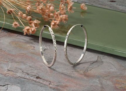 14k White Gold Diamond-cut Square Tube Endless Hoop Earrings, 30 x 1.35mm