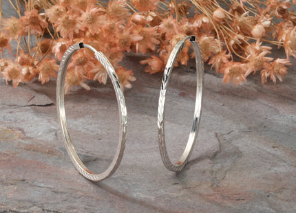 14k White Gold Diamond-cut Square Tube Endless Hoop Earrings, 35 x 1.35mm