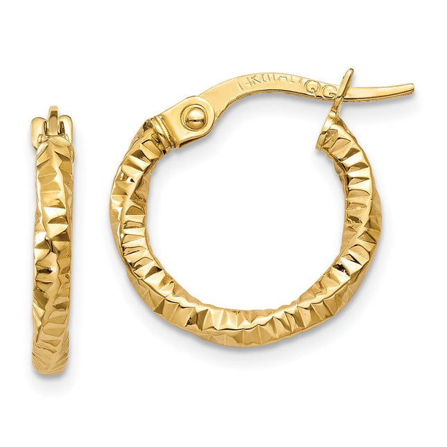 14K Polished and Textured Hoop Earrings, 15 x 2mm