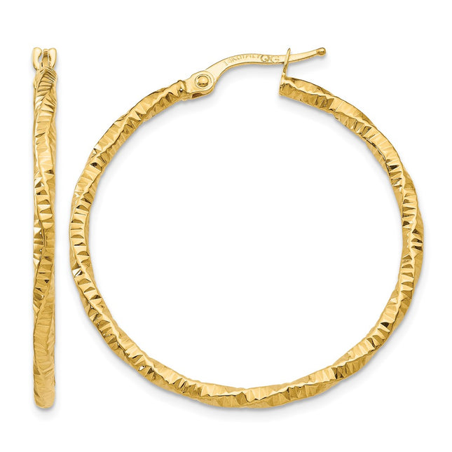 14K Polished and Textured Hoop Earrings, 35 x 2mm