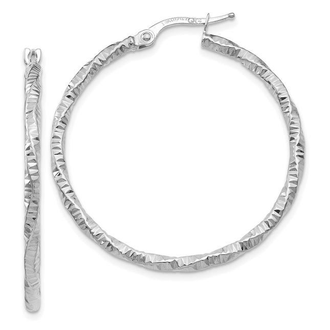 14K White Gold Polished and Textured Hoop Earrings, 35 x 2mm