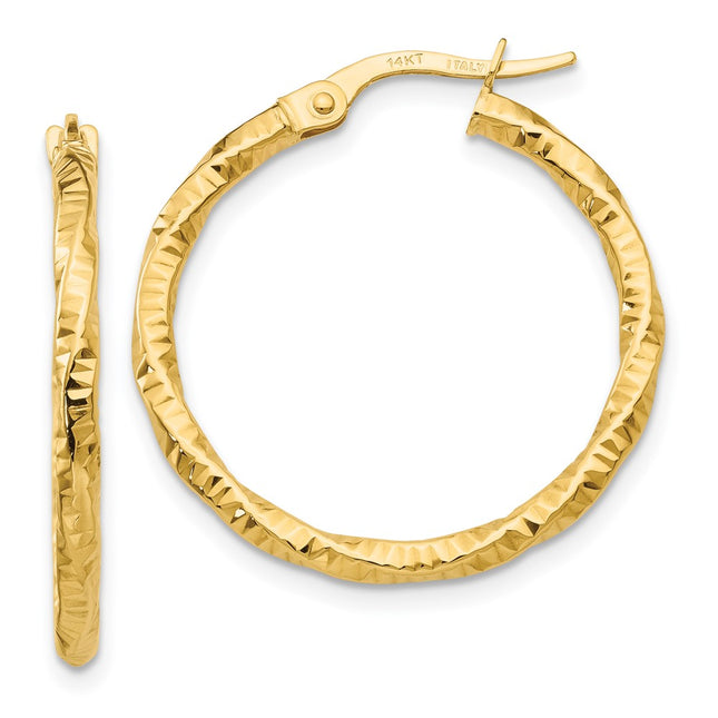 14K Polished and Textured Hoop Earrings, 25 x 2mm