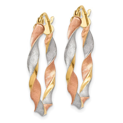 14K Yellow Gold White & Rose Rhodium Satin Twisted Hoop Earrings