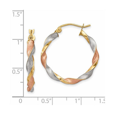 14K Yellow Gold White & Rose Rhodium Satin Twisted Hoop Earrings