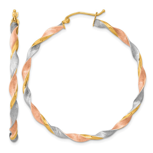 14k White & Rose Rhodium Satin Twisted Hoop Earrings, 50 x 3mm