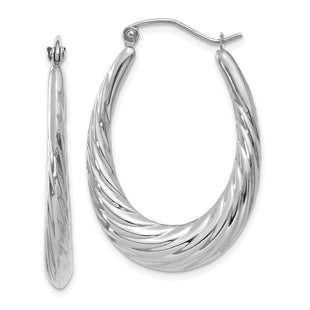14k White Gold Polished and Textured Oval Hoop Earrings (Style TH792)