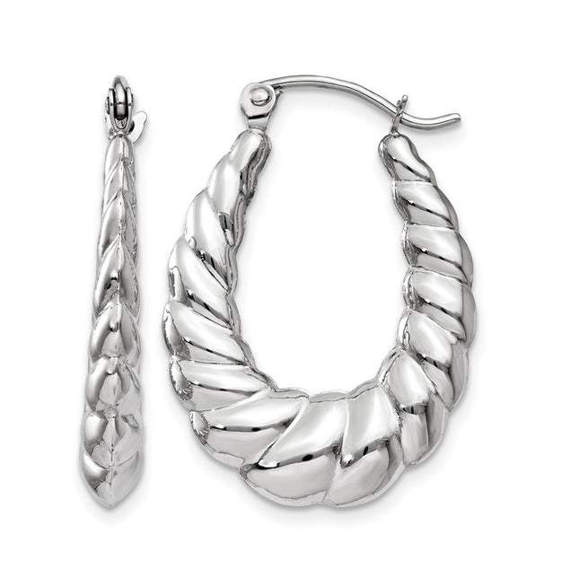 14k White Gold Polished and Textured Oval Hoop Earrings, 26 x 4mm
