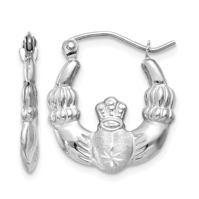 14k White Gold Satin and Diamond-cut Claddagh Hoop Earrings, 19 x 2.5mm