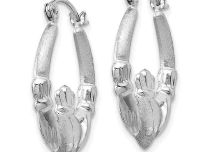 14k White Gold Satin and Diamond-cut Claddagh Hoop Earrings (Style TH801)