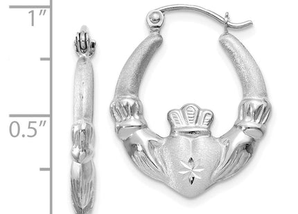 14k White Gold Satin and Diamond-cut Claddagh Hoop Earrings (Style TH801)
