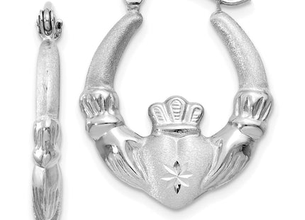 14k White Gold Satin and Diamond-cut Claddagh Hoop Earrings (Style TH801)