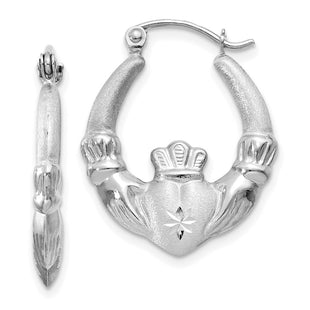 14k White Gold Satin and Diamond-cut Claddagh Hoop Earrings (Style TH801)