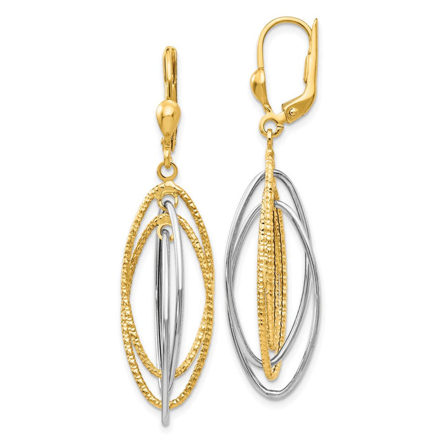 14K Two-Tone Textured and Polished Dangle Leverback Earrings, 48 x 11mm
