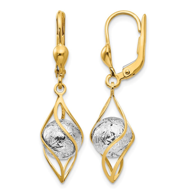 14K Two-tone Polished Diamond-cut Dangle Leverback Earrings, 34 x 9mm