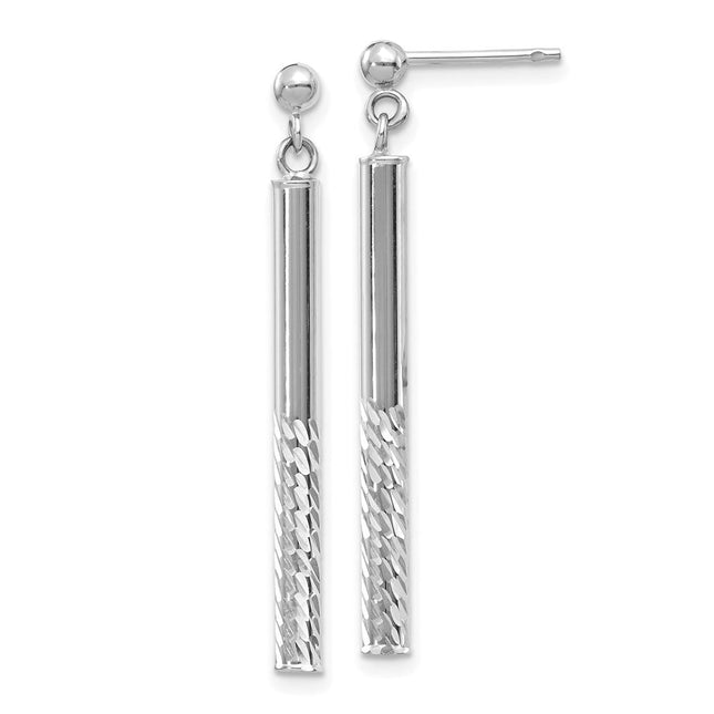 14k White Gold Polished and Diamond-cut Bar Dangle Post Earrings, 36.5 x 3mm