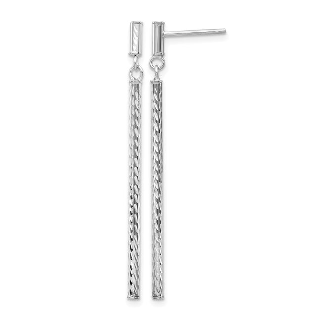 14k White Gold Polished and Diamond-cut Bar Dangle Post Earrings, 55 x 2mm