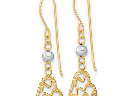14k Two-tone Satin D/C Heart Dangle Shepherd Hook Earrings (Style TH974)
