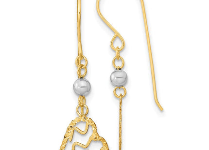 14k Two-tone Satin D/C Heart Dangle Shepherd Hook Earrings (Style TH974)