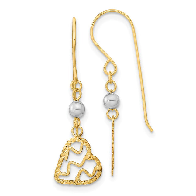 14k Two-tone Satin D/C Heart Dangle Shepherd Hook Earrings, 29 x 9.5mm