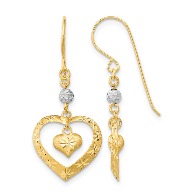 14k Two-tone Satin D/C Heart Dangle Shepherd Hook Earrings, 36 x 14.75mm