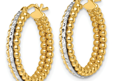 14k Two Tone Polished and Diamond-cut Beaded Hoop Earrings, 21 x 3.5mm
