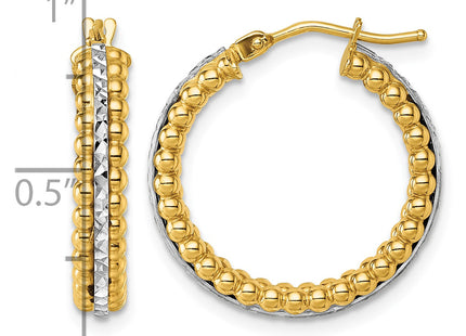 14k Two Tone Polished and Diamond-cut Beaded Hoop Earrings, 21 x 3.5mm