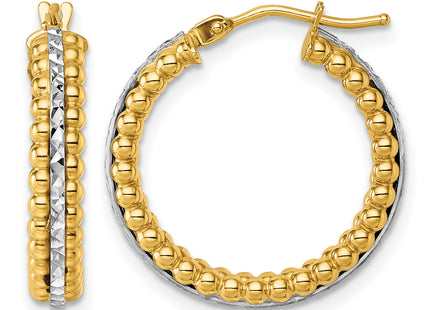 14k Two Tone Polished and Diamond-cut Beaded Hoop Earrings, 21 x 3.5mm