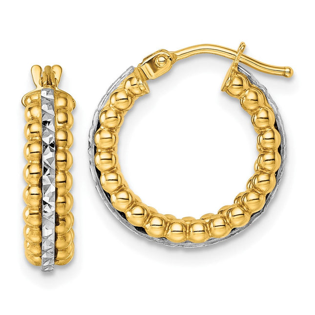 14k Two Tone Polished and Diamond-cut Beaded Hoop Earrings, 16 x 3.5mm