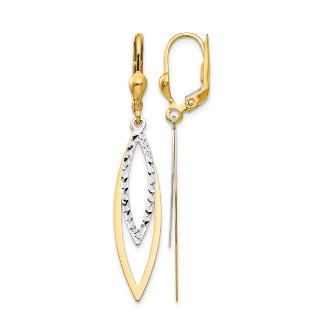14K Two-tone Diamond Cut Leverback Earrings, 49 x 8mm