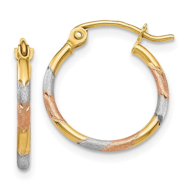 14K w/White and Rose Rhodium Satin & D/C Hoop Earrings, 16 x 1.5mm