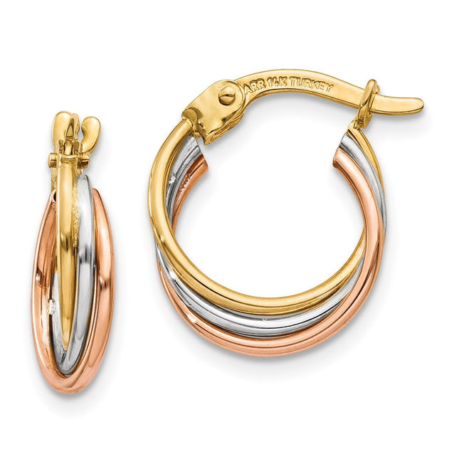 14k Tri-color Twisted Hoop Earrings, 18 x 3.5mm