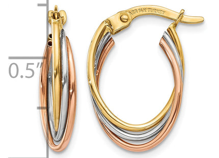 14k Tri-color Twisted Hoop Earrings, 18 x 3.5mm