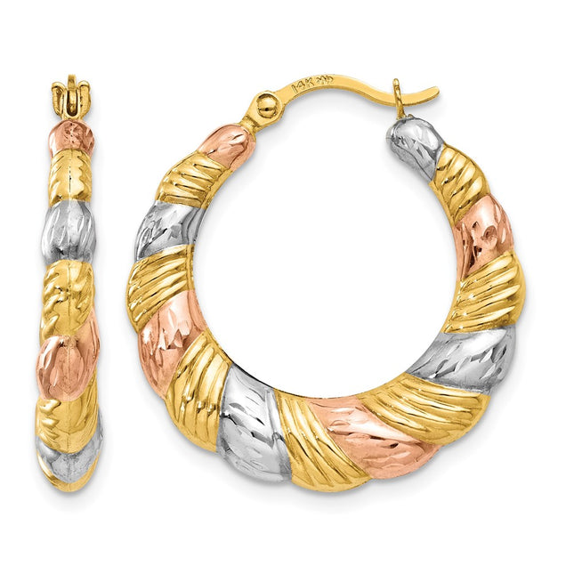 14K & White and Rose Rhodium Hollow Scalloped Hoop Earrings, 23 x 22mm