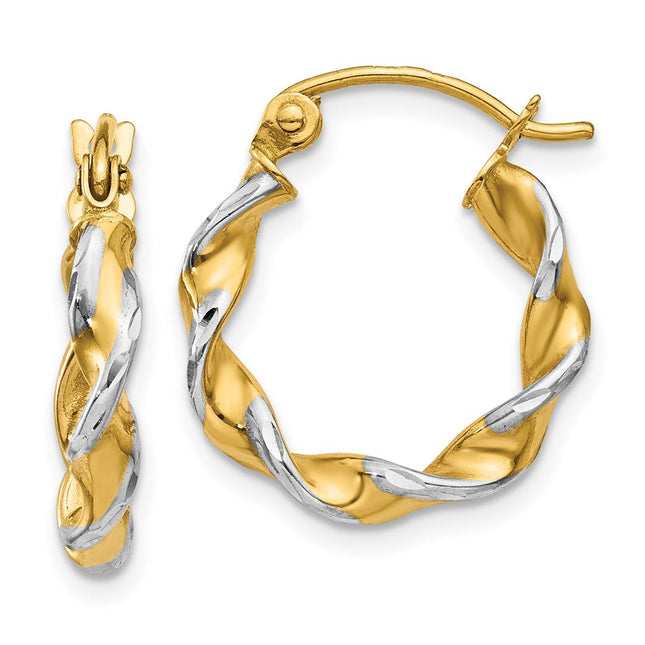 14k w/ White Rhodium Polished Fancy Twisted Hoop Earrings, 15 x 2.75mm