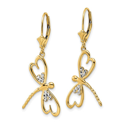 14K & White Rhodium D/C Dragonfly Leverback Earrings, 41 x 7.85mm