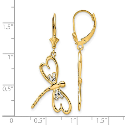 14K & White Rhodium D/C Dragonfly Leverback Earrings, 41 x 7.85mm