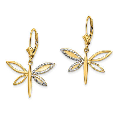 14K & White Rhodium D/C Dragonfly Leverback Earrings, 31.18 x 24.75mm