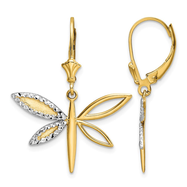 14k & White Rhodium D/C Dragonfly Leverback Earrings, 31.18 x 24.75mm