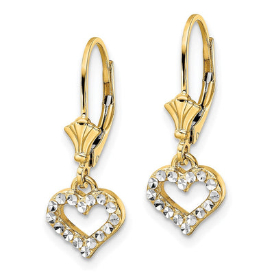 14K & White Rhodium D/C Heart Leverback Earrings, 24.25 x 8.8mm