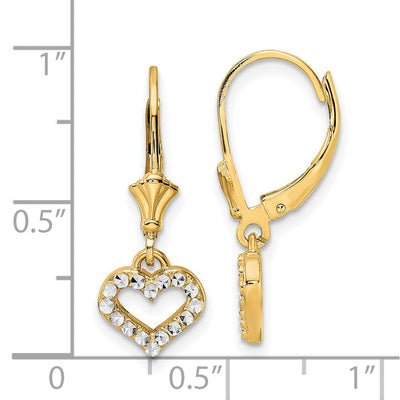 14K & White Rhodium D/C Heart Leverback Earrings, 24.25 x 8.8mm