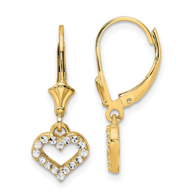 14k & White Rhodium D/C Heart Leverback Earrings, 24.25 x 8.8mm