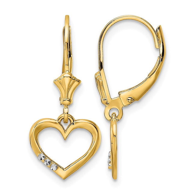 14k & White Rhodium D/C Heart Leverback Earrings, 25 x 10.65mm