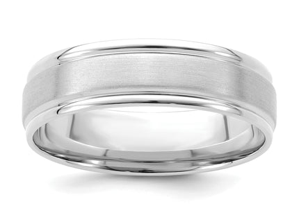 14k White Gold Lightweight Comfort Fit Brushed Satin/Polished Milgrain Grooved Edge Wedding Band