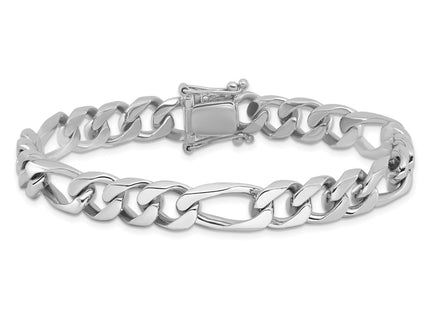 14K White Gold Hand Polished Figaro Link with Box Catch Clasp Bracelet, 1 x 9mm
