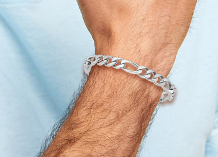 14K White Gold Hand Polished Figaro Link with Box Catch Clasp Bracelet, 1 x 9mm