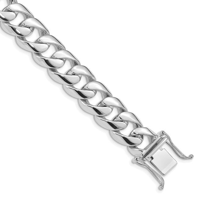 14K White Gold Hand Polished Rounded Curb Link with Box Catch Clasp Bracelet, 1 x 13.4mm