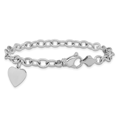 14K White Gold Engravable Solid Dangle Heart Charm and Solid Polished Link, 7.5 x 13mm