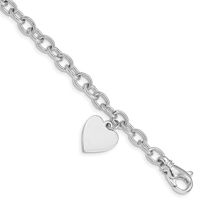 14K White Gold Engravable Solid Dangle Heart Charm and Solid Polished Link, 7.5 x 13mm