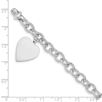 14K White Gold Engravable Solid Dangle Heart Charm and Solid Polished Link, 7.5 x 28mm